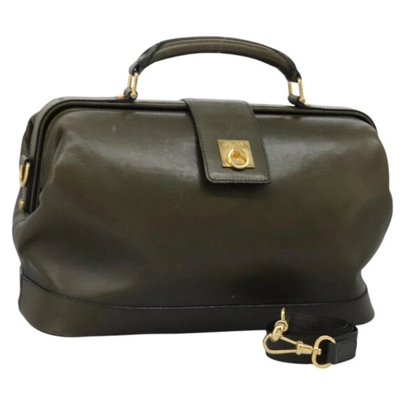 CELINE Hand Bag Leather 2way Khaki Gold Auth 117838